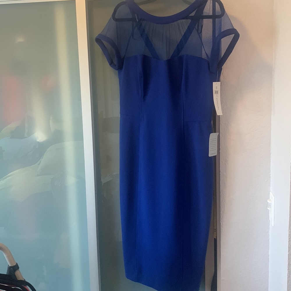Cobalt blue evening/date night dress with sheer neck.